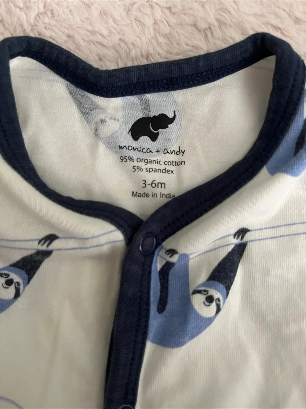 Monica + Andy Baby Footed One-Piece Pajama with Blue Sloth Print - Navy Trim